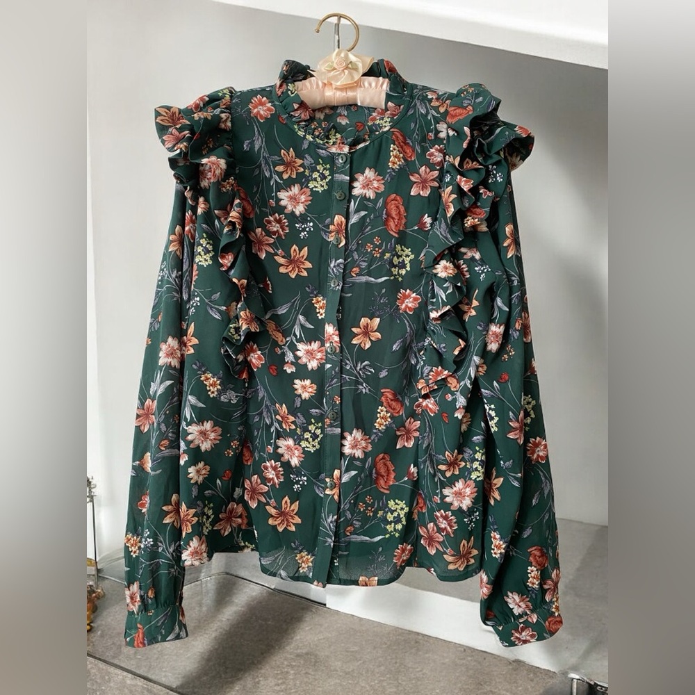 Floral Green Ruffle Long Sleeve